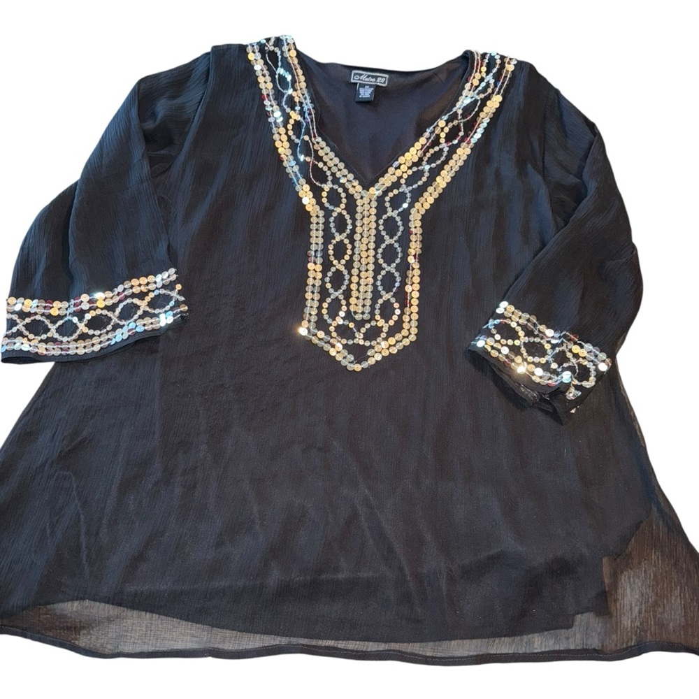 Metro 22 Blouse Womens 3X Sheer / Lined Blouse Black Silver 3/4 Sleeve Boho